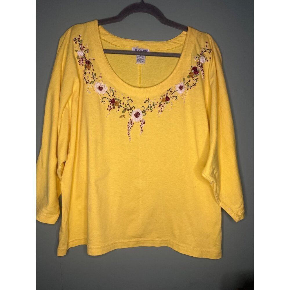 VTG JL Plum Yellow Embroidered Boat Neck Top 2X Dolman Sleeve Cotton Boho resort
